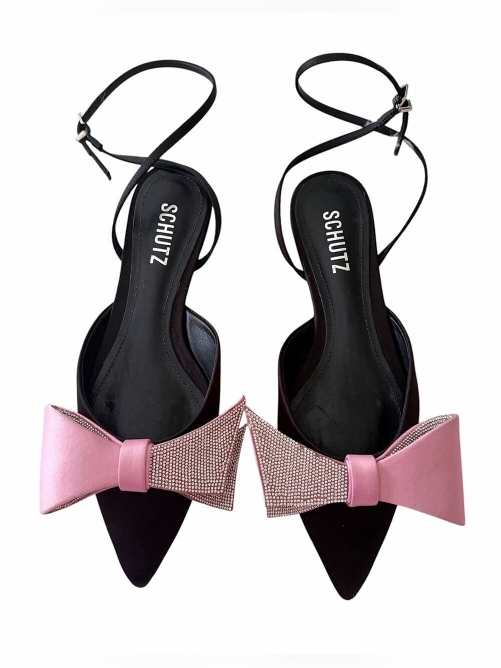 Schutz | Kirsten Pointed Toe Flats Satin Rhinestone Crystal Bow Pink Black 5.5